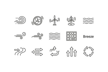 Wind flow icon set. Air stream and breeze line icons. Ventilation, fan, and climate concept. Renewable energy, wind turbine power. Motion arrows, circulation, and direction.
