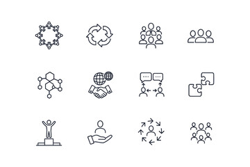 Vector business line icon set. Thin line symbols for teamwork, leadership, communication, strategy, global partnership, success, customer care, and corporate culture.