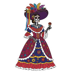 Illustration of a sugar skull woman wearing a vibrant dress and hat, holding a flower against a white background with colorful floral patterns and traditional Mexican attire.