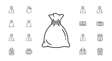 Money bag and finance line icon set. Vector cash, sack with dollar sign, currency, payment, and wealth symbols. Concepts for banking, savings, investment, and economy.