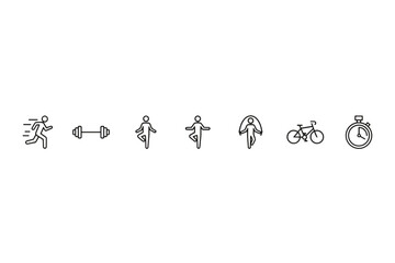 Fitness and sport icon set. Line art symbols for exercise, running, gym workout, yoga, cycling, and cardio training. Healthy lifestyle concept vector illustration.