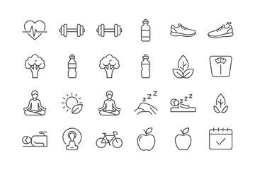 Healthy lifestyle line icon set. Collection of vector symbols for wellness, fitness, sport, and diet. Health care outline pictograms including yoga, sleep, food, and exercise.