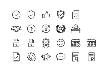 Approve line icon set. Quality check mark, guarantee seal, security shield, and success award. Business agreement handshake, certificate document, vote and satisfaction symbols.