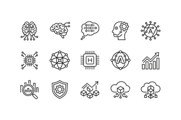AI line icon set. Artificial intelligence, machine learning, data science, big data analysis, and neural network concepts. Technology, robotics, cloud computing vector symbols.