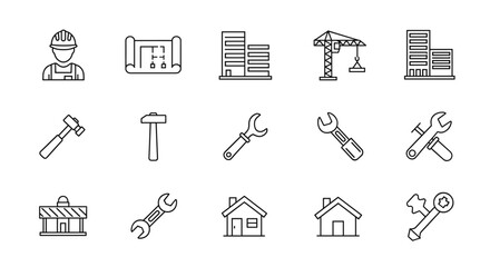 Construction industry vector line icon set. Builder, blueprint, buildings, crane, hammer, wrench, and house symbols. For architecture, engineering, and home repair projects.