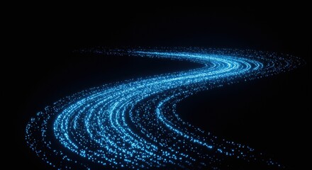 Winding path of blue glitter particles shimmering against a dark background with soft glow