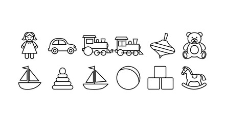 Toy line icon set. Vector symbols of childhood play items. Doll, car, train, bear, boat, ball, blocks, rocking horse. Minimalist outline drawings for kids. Simple illustrations.
