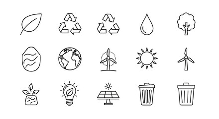 Ecology and environment icon set. Thin line symbols for sustainability, green energy, and recycling. Includes leaf, planet, solar panel, and wind turbine vector icons.