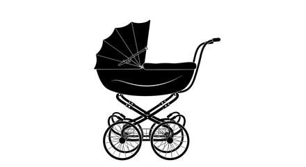 Vintage baby stroller silhouette. Retro pram for newborn. Classic carriage icon for baby shower invitation. Motherhood and childhood concept. Old-fashioned pushchair vector.