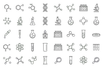 Science and chemistry thin line icon set. Laboratory and scientific research equipment. Vector icons of molecule, atom, DNA, microscope, test tube, flask for education.