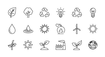 Eco friendly line icon set. Environment, sustainability and recycling concepts. Vector graphic resources for green energy, nature, water conservation, and pollution awareness.