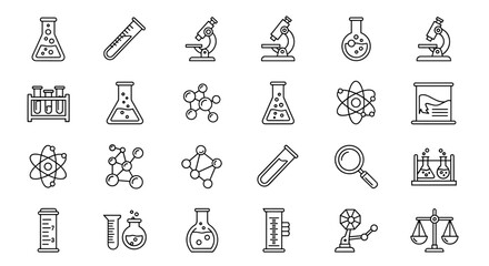 Naklejka premium Science and chemistry research icon set. Collection of laboratory equipment symbols for experiment and education. Line art vector illustration of microscope, flask, atom, molecule.
