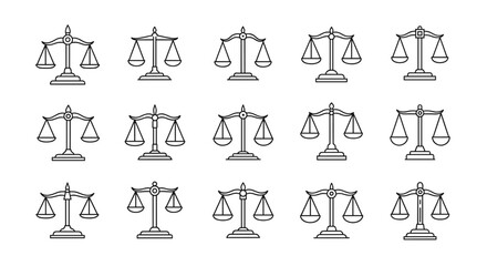 Scales of justice icon set. Line art symbols of law, equality, and judgment. Vector collection for legal services, court, and lawyer branding. Balance and truth concept.