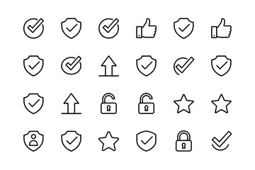 Line icon pack for security and quality assurance. Vector symbols of checkmark, shield, lock, and approval. Simple pictograms for guarantee, safety, verification, and protection.