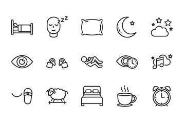 Sleep and bedtime line icon set. Simple outline symbols for rest, relaxation, night, and dreams. Vector collection includes bed, pillow, moon, alarm clock, insomnia, and sleep cycle concepts.