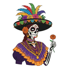 Illustration of a sugar skull woman wearing a colorful hat and holding a flower on a white background with vibrant and festive mood.