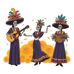 Three sugar skulls dressed in traditional Mexican attire playing music and dancing with vibrant flowers and leaves on a white background with warm golden tones.