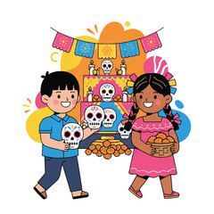 Illustration of a boy and girl in traditional Mexican attire holding offerings for Dia de los Muertos with colorful decorations and skulls in a festive atmosphere.