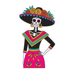Illustration of a colorful skeleton woman wearing a traditional Mexican outfit and sombrero with flowers on a white background.