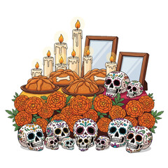 Colorful arrangement of sugar skulls, marigolds, candles, and traditional Mexican offerings on a table for Day of the Dead celebration against a plain white background.
