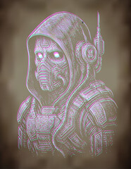 Cyberpunk Soldier in Hood with Gas Mask &ndash; Futuristic Glitch Art on grunge background, tattoo, logo, cyberpunk, soldier, mask, digital, futuristic, neon, glitch, tech, sci-fi, dystopian, warrior, armor
