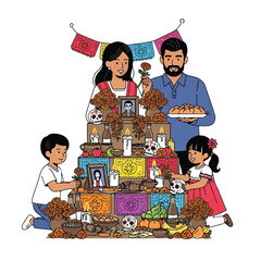 A family of four building an ofrenda with colorful decorations and offerings for Dia de los Muertos against a clean white background.
