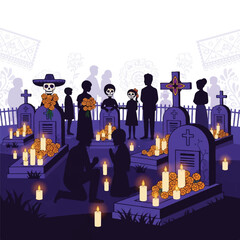 Illustration of a Day of the Dead celebration with people and skeletons in a cemetery filled with candles and flowers at night.