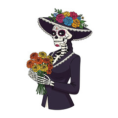 Illustration of a sugar skull woman wearing a floral hat and holding a bouquet of flowers in a black dress against a white background.