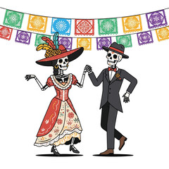 A colorful illustration of a dancing skeleton couple in traditional Mexican attire under a festive banner with a lively and celebratory mood.