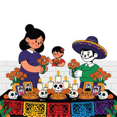 Illustration of a woman and a skeleton in traditional Mexican attire with a child, surrounded by flowers, candles, and offerings on a colorful table against a white brick wall.