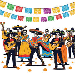 A lively group of skeletons dressed in colorful traditional Mexican attire playing guitars and dancing under a festive banner with a vibrant and playful mood.