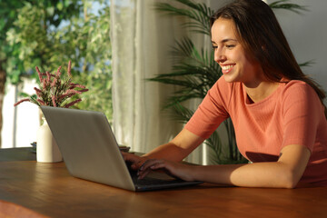 Happy woman using personal computer on a wooden table