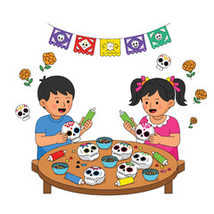Two children decorating sugar skulls for Day of the Dead celebration with colorful decorations and paper banners.