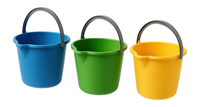 Color-coded cleaning bucket set for a home, ideal for various rooms and tasks.