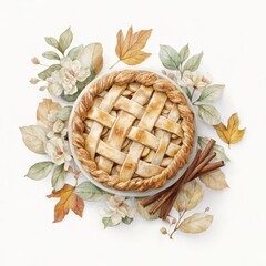 Delicious apple pie with a woven crust surrounded by autumn leaves and flowers on a light background