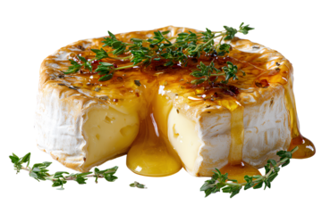 Camembert cheese wheel with honey and herbs, isolated on transparent background. 