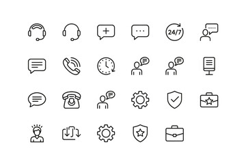 Support service and customer care vector isolated icons set. Customer communication, 24/7 help desk, call center, technical support, service assistance, chat and feedback symbols.