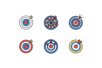 Target icons set with arrows hitting goals and bullseye symbols, precision aim, success and achievement concepts, dartboard and archery elements, accurate goal hitting collection