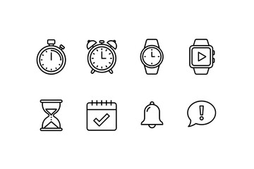 Time and Alarm Icon Set, Stopwatch Timer, Classic and Smart Watches, Hourglass, Calendar with Checkmark, Notification Bell and Alert Message, Time Management and Reminder Symbols