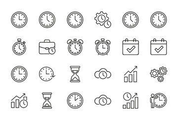 Thin line icon set time management business productivity clock timer stopwatch calendar checklist hourglass progress gear settings cloud efficiency growth concept