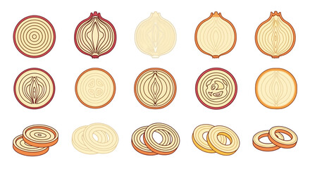 Illustration of various onion cuts, including whole, halved, and sliced, in different colors, arranged in rows on a white background.
