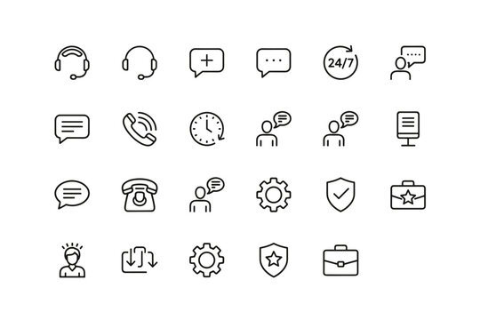 Support service and customer care vector isolated icons set. Customer communication, 24/7 help desk, call center, technical support, service assistance, chat and feedback symbols.