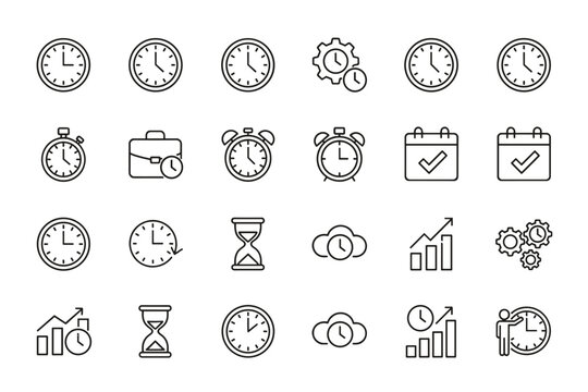 Thin line icon set time management business productivity clock timer stopwatch calendar checklist hourglass progress gear settings cloud efficiency growth concept
