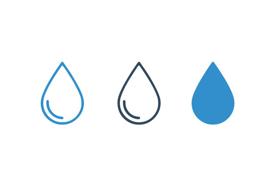 Water drop icon set with editable stroke, liquid droplet outline and filled vector symbol, water element design for clean and fresh fluid concept