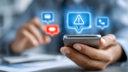 Hand Holding a Smartphone Displaying a Large Glowing Blue Warning Alert Icon with Notification Bubbles. Concept of Critical Mobile Notification, Urgent System Alert, and Important Communication

