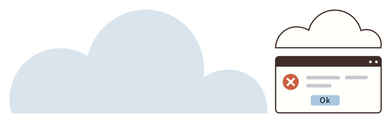 Large cloud icon beside a browser error notification with an X and Ok button. Ideal for cloud computing, data management, online security, error handling, IT issues, technology, and simple flat