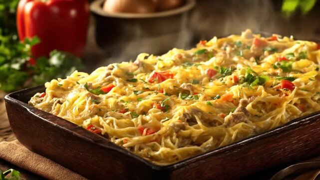 Spaghetti squash casserole with red peppers, cooked in rustic wooden dish, on a wood surface