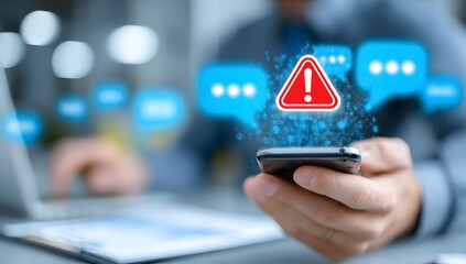 Hand Holding a Smartphone Displaying a Large Red Warning Alert Icon. Concept of Critical Mobile Notification, Urgent Security Alert, System Risk, and Digital Communication Failure

