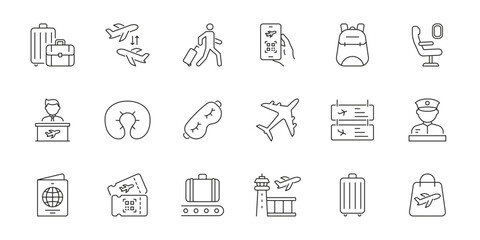 Travel And Airport Essentials Line Icon Set. Air Travel, Luggage, Boarding Pass, And Security Outline Symbol Collection. Flight And Passenger Services. Editable Stroke. Isolated Vector Illustration