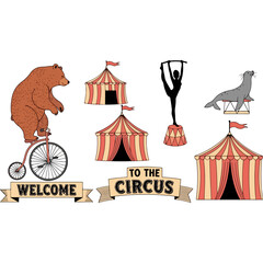 Circus themed illustration featuring a bear on a bicycle and tents.